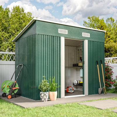 Living And Home 8 X 4 Ft Pent Metal Garden Shed Outdoor Storage Shed With Lockable Door And Base Frame, Dark Green