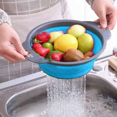 B&Q -  Blue Collapsible Kitchen Silicone Colander Strainer Bowl