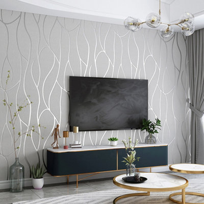 Living And Home Silver Grey Geometric Irregular Stripe Suede Effect Non Woven Embossed Patterned Wallpaper from B&Q
