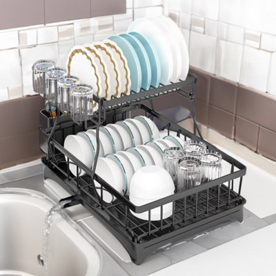 Living And Home Steel Draining Dish Rack With Utensil And Glass Holder