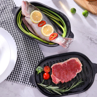 Living And Home Oval Cast Iron Frying Pan Stewing Pot Black