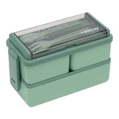 B&Q -  Green Dual Layer Plastic Bento Lunch Box With Cutlery