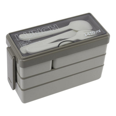 B&Q -  Khaki 3 Layer Bento Style Plastic Lunch Box With Cutlery