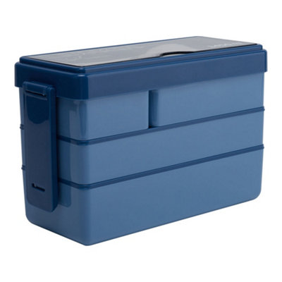 B&Q -  Blue 3 Layer Bento Style Plastic Lunch Box With Cutlery