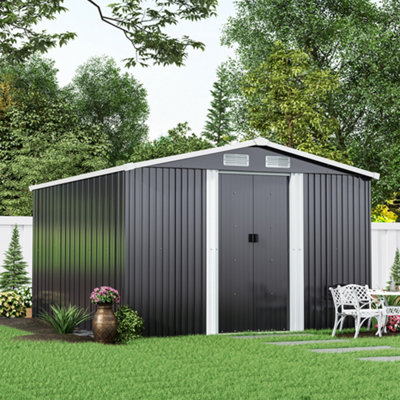 Living And Home 10 X 8 Ft Metal Shed Garden Storage Shed Apex Roof Double Door With Base Foundation, Charcoal Black