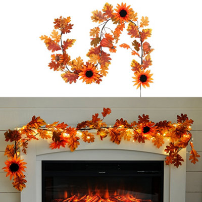 Living And Home 6Ft Artificial Sunflower Autumn Garland Hanging Vines With Led Lights For Thanksgiving Decoration