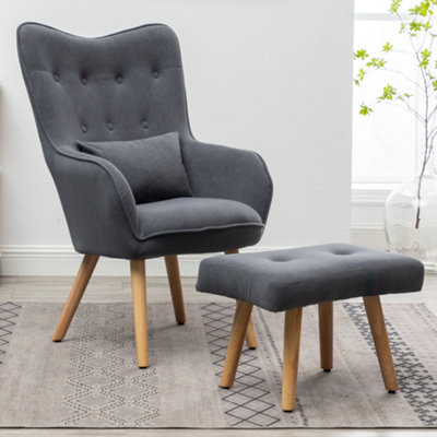 Living And Home Vintage Frosted Velvet Upholstered Wing Back Armchair Lounge Chair With Footstool And Cushion Grey
