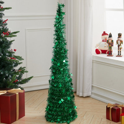 B&Q -  4Ft Green Slim Pop Up Tinsel Christmas Tree Collapsible Xmas Tree With Base