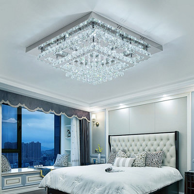 B&Q -  2 Tier Square Modern Crystal Led Flush Mount Ceiling Light Fixture Chandelier In White Light 60Cm
