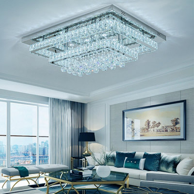 B&Q -  Modern Double Tiers Drop Crystal Led Flush Mount Ceiling Light Fixture Chandelier 80Cm White Light
