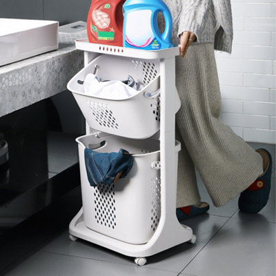 B&Q -  2 Tier Plastic Laundry Basket Hamper Bathroom Laundry Sorter Storage Bin Cart Clothes Organizer