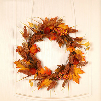 Living And Home Autumn Golden Sorghum Wreath Door Harvest Wreath Decoration With Led Lights 50 Cm from B&Q