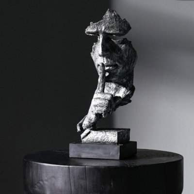 B&Q -  Silence Is Golden Statue Thinker Sculpture Keep Silent Men Figurine Creative Office Decor Face Sculpture Silver