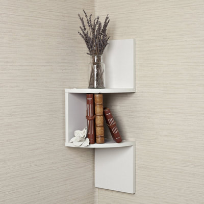 B&Q -  2 Tier White Zigzag Design Wooden Floating Wall Corner Shelf Bookcase