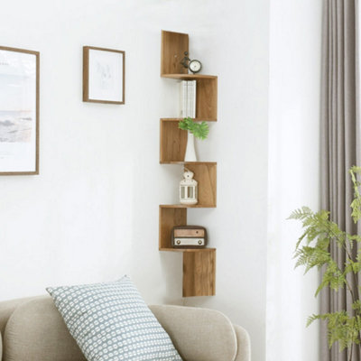 B&Q -  5 Tier Brown Zigzag Design Wooden Floating Wall Corner Shelf Bookcase