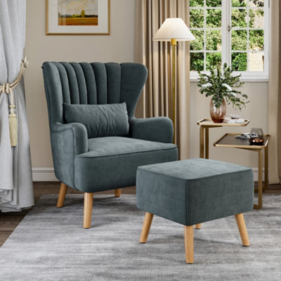 Living And Home Grey Faux Wool Upholstered Wing Back Occasional Armchair Sofa Chair With Footstool