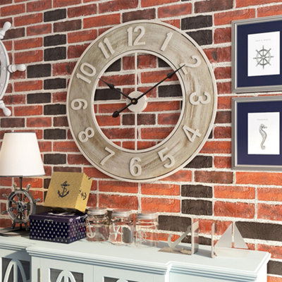 B&Q -  Vintage Large Round Silent Wood Grain Metal Wall Clock Decor Clock 60Cm