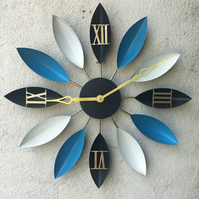 B&Q -  Blue Novelty Leaf Shaped Large Silent Non Ticking Metal Wall Clock Art Decor 55Cm