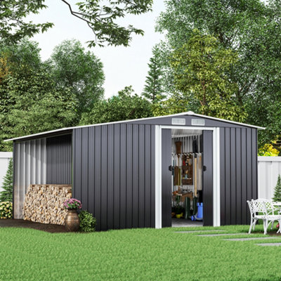 Living And Home 8.4 X 8.5 Ft Metal Shed Garden Storage Shed Apex Roof Double Door With 8.5 X 2.1 Ft Log Store,black