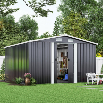 Living And Home Metal Shed 10 X 12 Ft Garden Storage Shed Apex Roof Double Door With Foundation Base , Charcoal Black