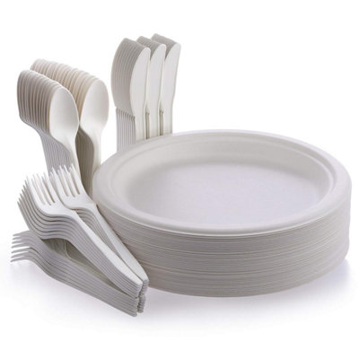  - Fuyit 200 Pcs Disposable Tableware SetCompostable And Biodegradable Sugarcane Bagasse Eco-Friendly Dinnerware Kits Includes