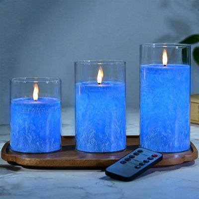 Mozketo 19 Blue Glass Real Wax Flameless Candles FlickeringWith Remote & TimerFake LightBattery Operated Led Pillar from B&Q