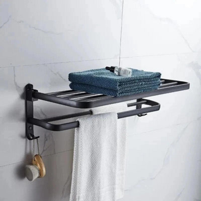 Billtix  Black Double Tier Towel Rail HolderWall Mounted Bathroom Rack Shelf With HookFolding Design from B&Q