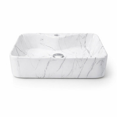 Billtix Bathroom Sink Ceramic Wash Basin Rectangular Marble Effect Countertop Vessel Sink Cloakroom Basin White 48Cm from B&Q