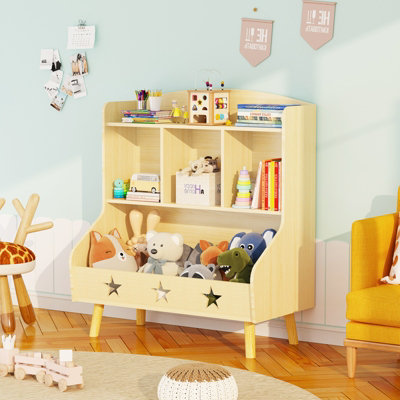 Huhote Stylish Kids Bookshelf With 3 Compartments For Toy And Book Storage In Oak Finish Bookcase For Bedroom Kids Room Playroom from B&Q