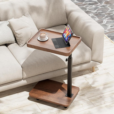 B&Q -  Rustic C-Shaped Side Table Height Adjustable 360 Swivel With Wheels For Small Spaces