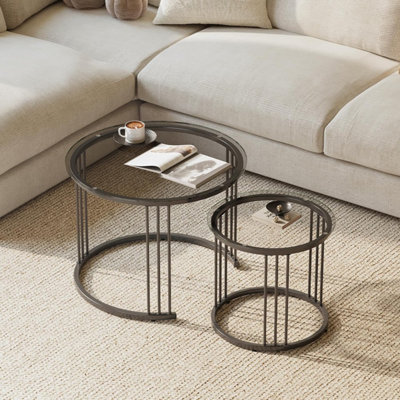 B&Q -  Sleek Round Coffee Tables Set Of 2 Nesting Side Tables With Metal Frame Black And Grey Glass 23.6/15.7 Inch