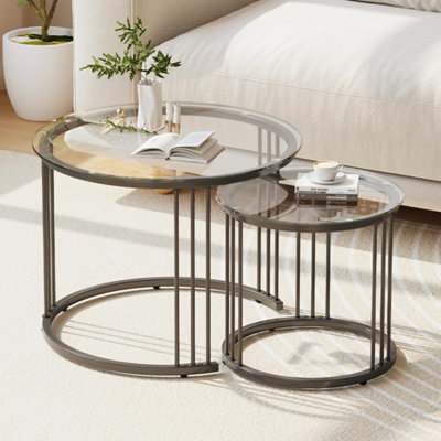 B&Q -  Stylish Round Coffee Table Set Of 2 Nesting Tables With Metal Frame Black And Clear Glass 23.6 And 15.7 Inch