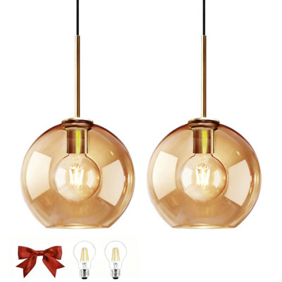  - Bravsekai Amber Glass Pendant Lights Kitchen Island Lighting Globe Light Fixtures Modern For Bedroom Living Dining Room