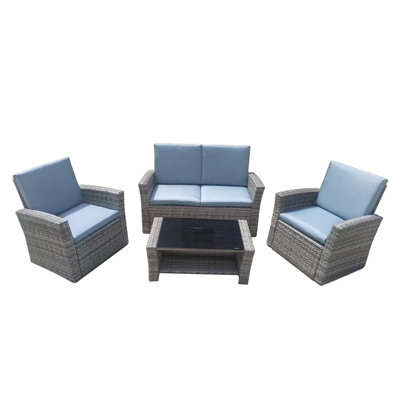  - 4 Piece Rattan Garden Furniture SetPatio Wicker Dining Table Sets With Tempered Glass Top Table