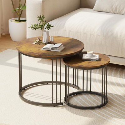 B&Q -  Rustic Round Nesting Coffee Tables 2 Set With Metal Frame 23.6/15.7 In Brown End Table Side Table For Home Balcony Office