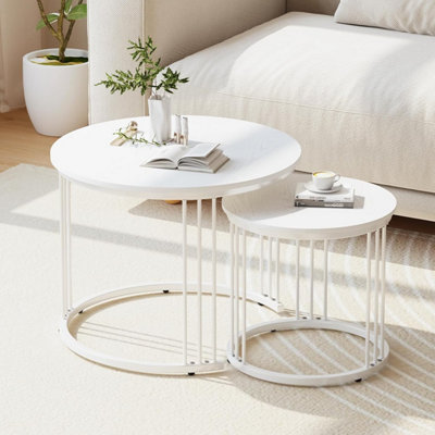 B&Q -  Stylish White Round Nesting Tables 2 Set With Metal Frame 23.6/15.7 In Side Table End Table Coffee Table For Home Office