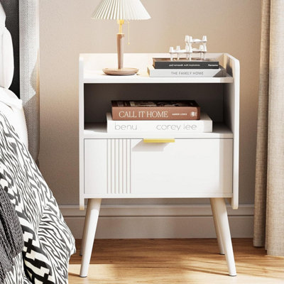 Huhote Stylish Wooden Bedside Table With 2 Drawers And Storage White 16.3 X 11.8 X 22.8 In