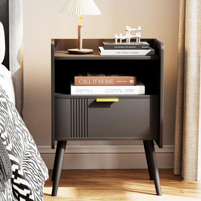 Huhote Stylish Wooden Bedside Table With 2 Drawers And Storage In Black