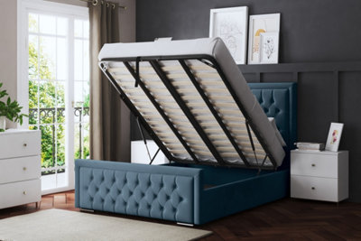 DS Living Allegra Upholstered Blue Panel Bed With Headboard And Ottoman Base Storage King from B&Q