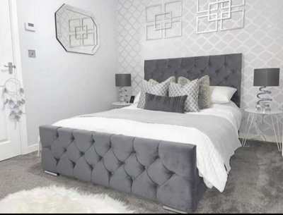 Stratus Interiors Florida Diamond Pattern Upholstered Bed In Soft Plush Velvet-Add  Single-Gas Lift Ottoman Storage from B&Q