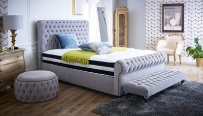Stratus Interiors Quebec Soft Velvet Chesterfield Sleigh Scroll Bed FrameSuper King-Gas Lift Ottoman Storage from B&Q