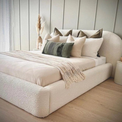 Stratus Interiors Teddy Boucle Fabric Bed Frame Curved Luxury Headboard-Doorstep Delivery Only No Assembly-Small Double-Gas Lift Ottoman Storage from B&Q