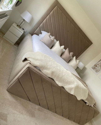 Stratus Interiors Julia Diagonal Lined Bed Frame Plush Velvet Optional Storage-Doorstep Delivery Only No Assembly-King-Gas Lift Ottoman Storage from B&Q