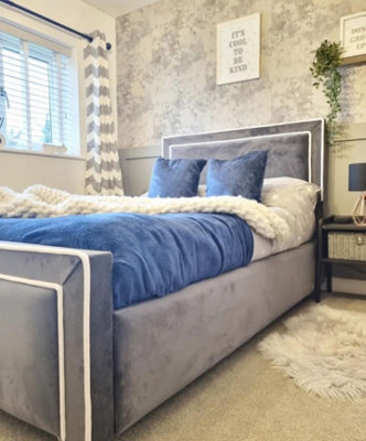 Stratus Interiors Henley Contrast Piping Velvet Upholstered BedGrey PlushSingleMetal Gaslift from B&Q