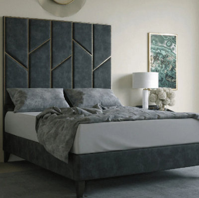 Stratus Interiors Julius Gold And Silver Abstract Accent Strip Bed Frame Optional Gas Lift StorageBlue PlushSlatted BaseSuperking from B&Q