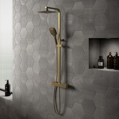 Menai Premium Brushed Brass Square Thermostatic Shower Set from B&Q