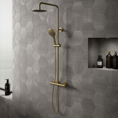 Menai Premium Brushed Brass Round Thermostatic Shower Set from B&Q