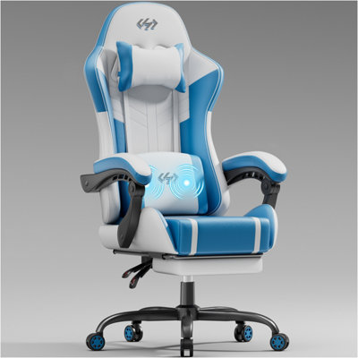 B&Q Massage Gaming Chair With Footrest,  Headrest & Lumbar Support, Height Adjustable For Home, White Blue