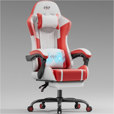 B&Q Massage Gaming Chair With Footrest, Headrest & Lumbar Support, Height Adjustable For Home, White Red