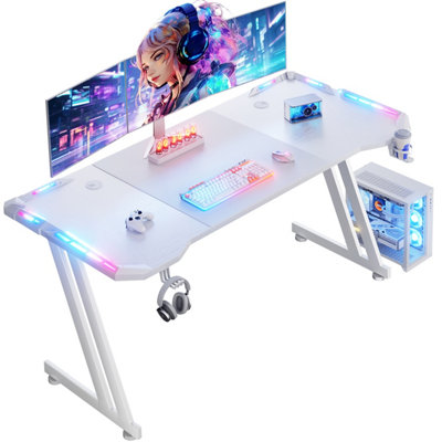  - Precision Synergie White Gaming Desk With Rgb Lights160X60Cm Gaming Table With Headphone Hook And Cup Holder For Home Office